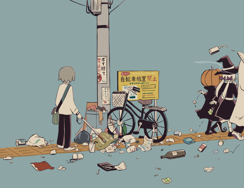 1boy, absurdres, avogado6, bag, bicycle, black_pants, blind, blue_background