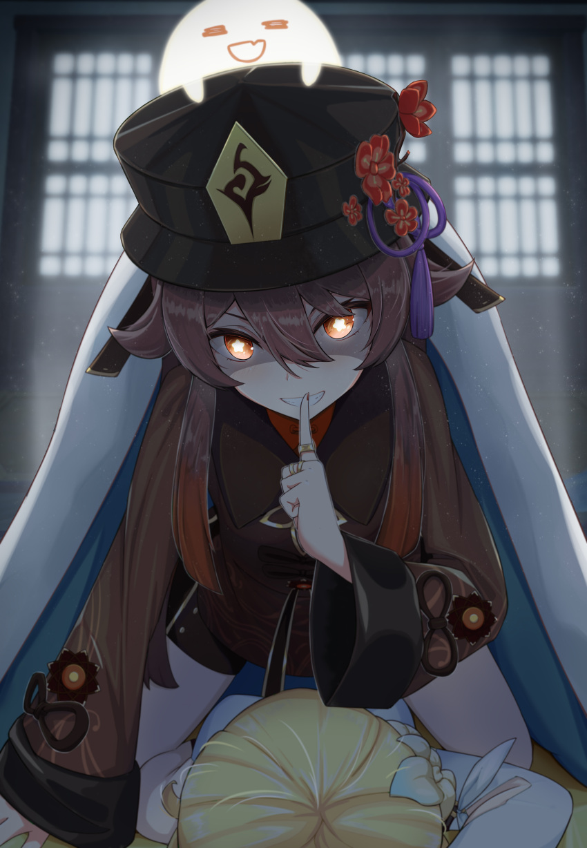 +_+, 2girls, absurdres, black_headwear, blonde_hair, evil_grin, evil_smile, finger_to_mouth, flower, genshin_impact, ghost, girl_on_top, glowing, glowing_eyes, grin, hair_between_eyes, hair_flower, hair_ornament, hat, hat_flower, highres, hu_tao_(genshin_impact), kaidi, light_particles, long_hair, long_sleeves, lumine_(genshin_impact), multiple_girls, red_eyes, shaded_face, shushing, sleep_molestation, smile, traveler_(genshin_impact)
