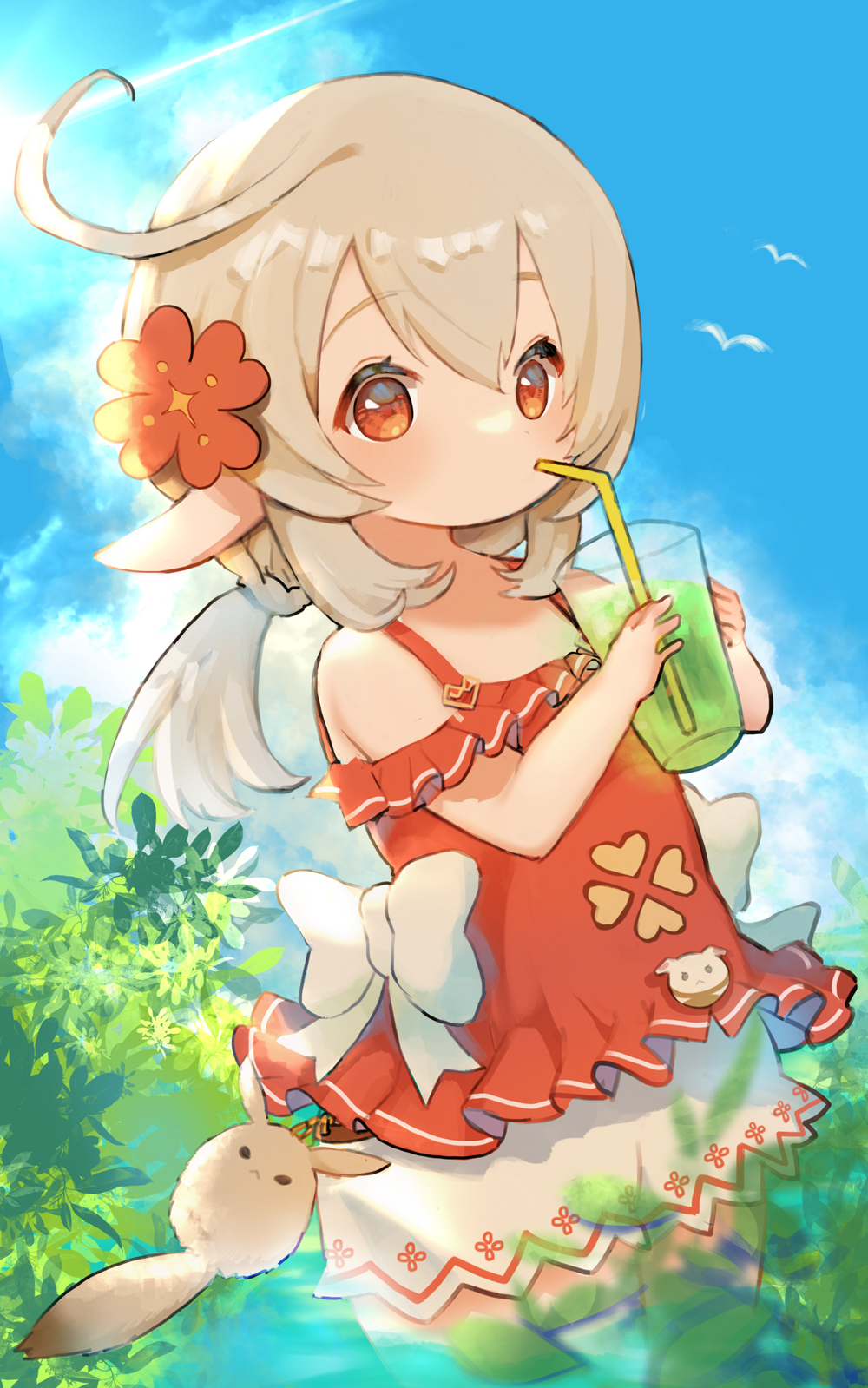 1girl, alternate_costume, bangs, bare_shoulders, blonde_hair, blue_sky, clouds, cup, drinking_glass, genshin_impact, hair_between_eyes, highres, klee_(genshin_impact), ko_ume_39, low_twintails, pointy_ears, red_eyes, ribbon, sky, sunlight, twintails, white_ribbon