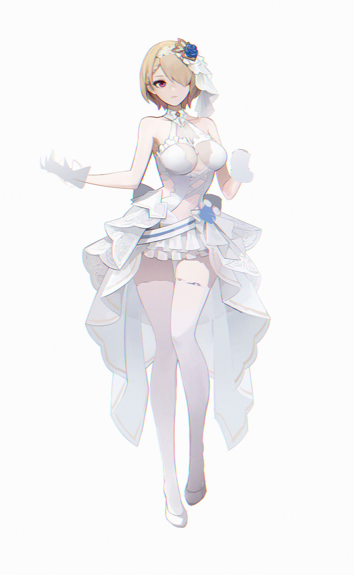1girl, alternate_costume, bangs, bare_shoulders, breasts, bridal_veil, bride, brown_hair
