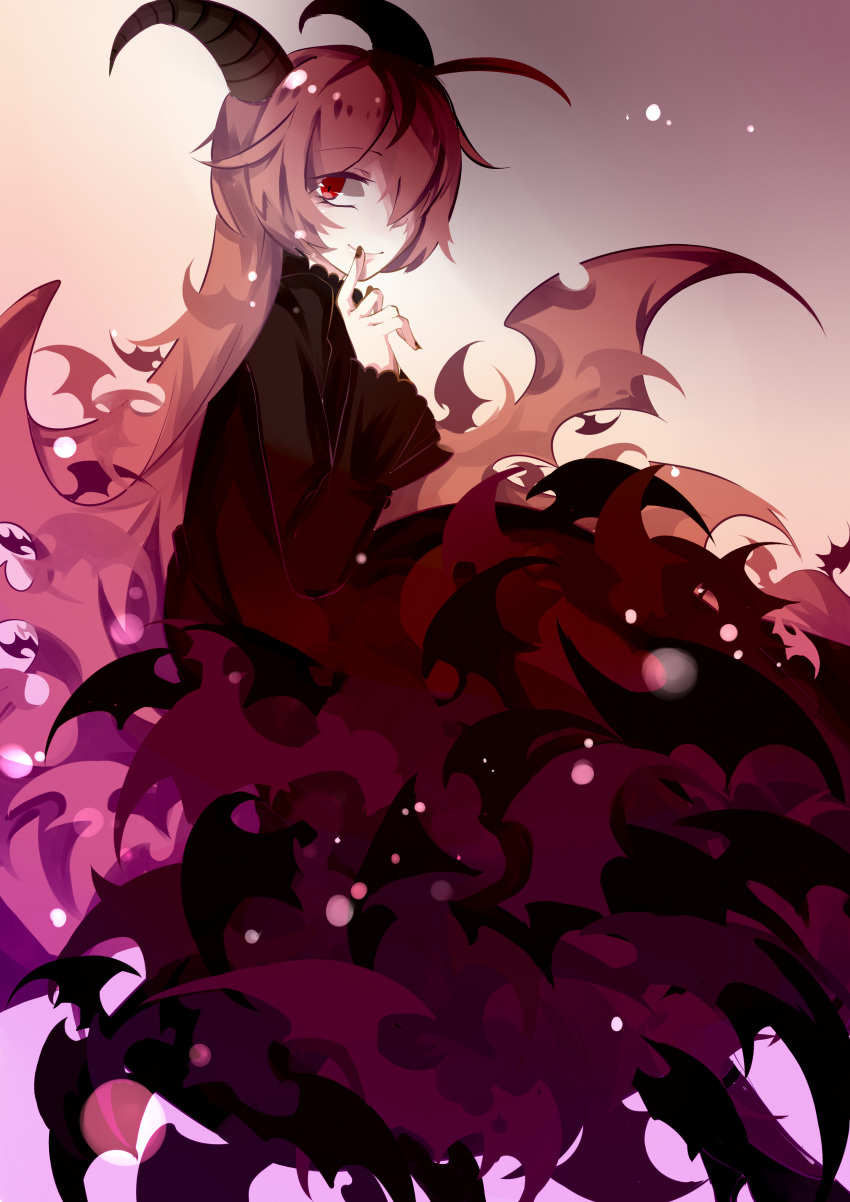 1girl, absurdres, ahoge, bat_wings, black_dress, demon_horns, demon_wings, dress, funamusea, hair_over_one_eye, highres, horns, juliet_sleeves, lil_(funamusea), long_hair, long_sleeves, looking_at_viewer, pink_hair, puffy_sleeves, red_eyes, solo, very_long_hair, wings, yxf68586108