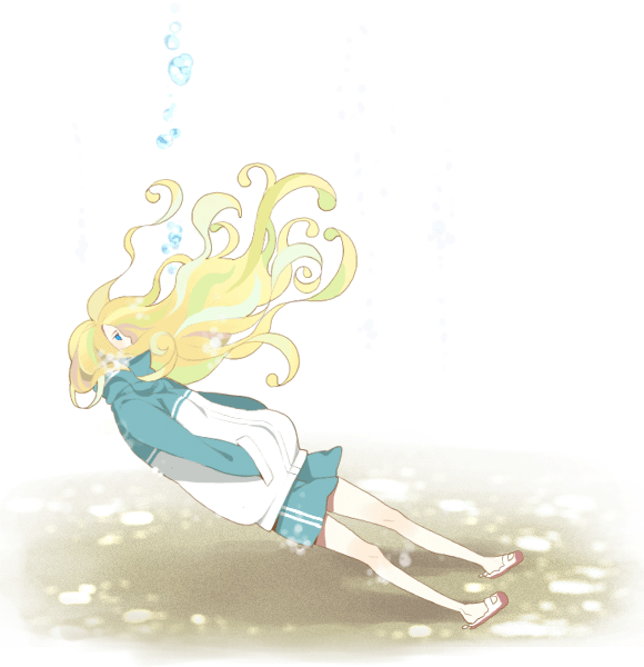 bad_id, blonde_hair, blue_eyes, bubble, hands_in_pockets, long_hair, nino_(arakawa), shoes