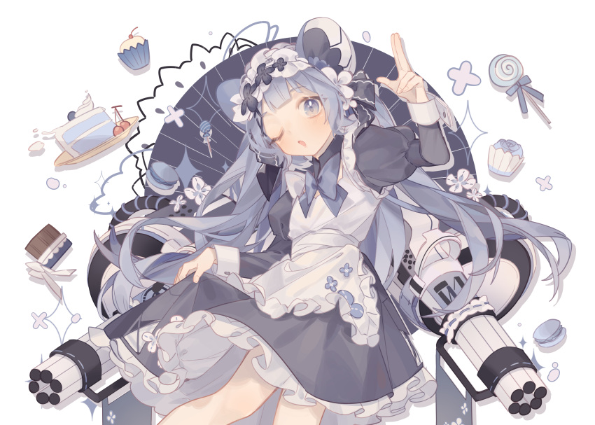 1girl, absurdres, apron, bangs, blue_eyes, blue_hair, cake, cake_slice