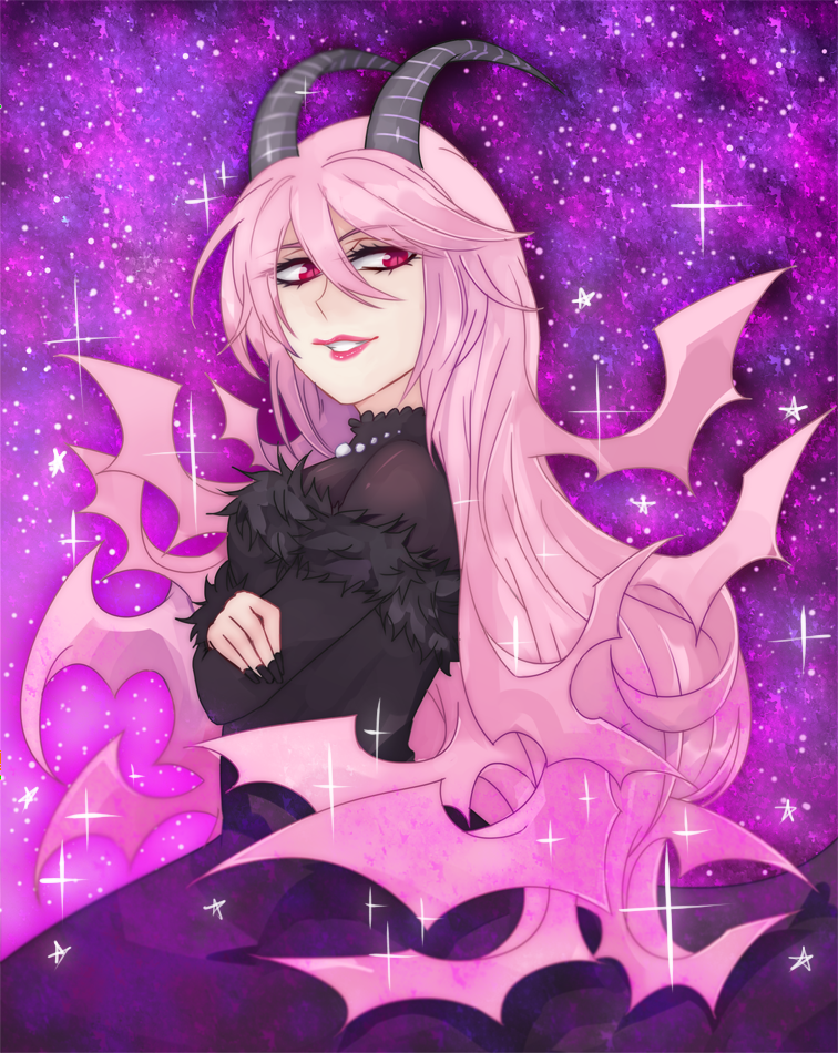 1girl, bat_wings, black_dress, cali-nyh, demon_girl, demon_horns, demon_wings, dress, funamusea, horns, jewelry, juliet_sleeves, lil_(funamusea), lipstick, long_hair, long_sleeves, looking_at_viewer, makeup, necklace, pearl_necklace, pink_hair, puffy_sleeves, red_eyes, wings