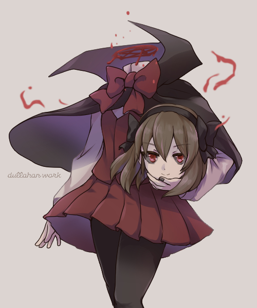1girl, bags_under_eyes, black_capelet, black_legwear, black_nails, blood, bow, bow_hairband