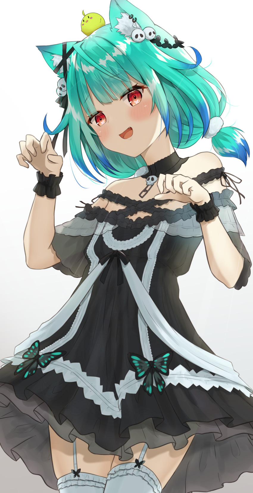 1girl, absurdres, animal_ears, bangs, bird, blush, bug, butterfly