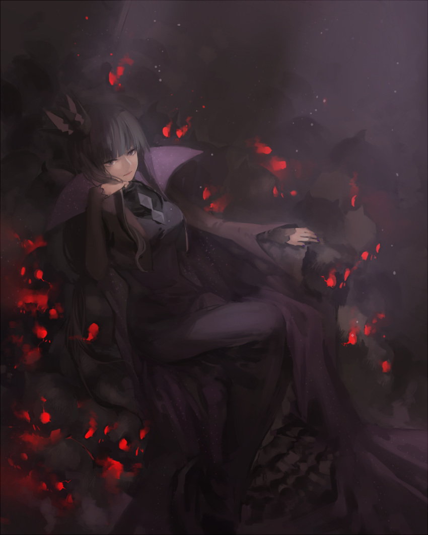 1girl, :|, bangs, black_hair, closed_mouth, crown, dark, demon_girl