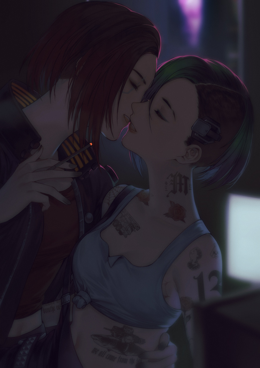 2girls, absurdres, breasts, cigarette, closed_eyes, cyberpunk, cyberpunk_2077, cyborg, english_text, green_hair, highres, holding, holding_cigarette, imminent_kiss, jacket, judy_alvarez, mechanical_parts, multiple_girls, redhead, samurai_jacket, short_hair, small_breasts, tattoo, v_(cyberpunk_2077), yorukun, yuri