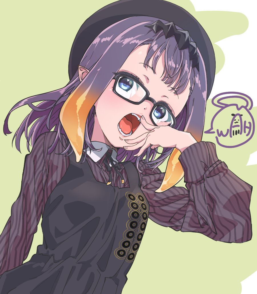 1girl, beret, blue_eyes, commentary_request, dress, eyebrows_visible_through_hair, fukuda_keita, glasses