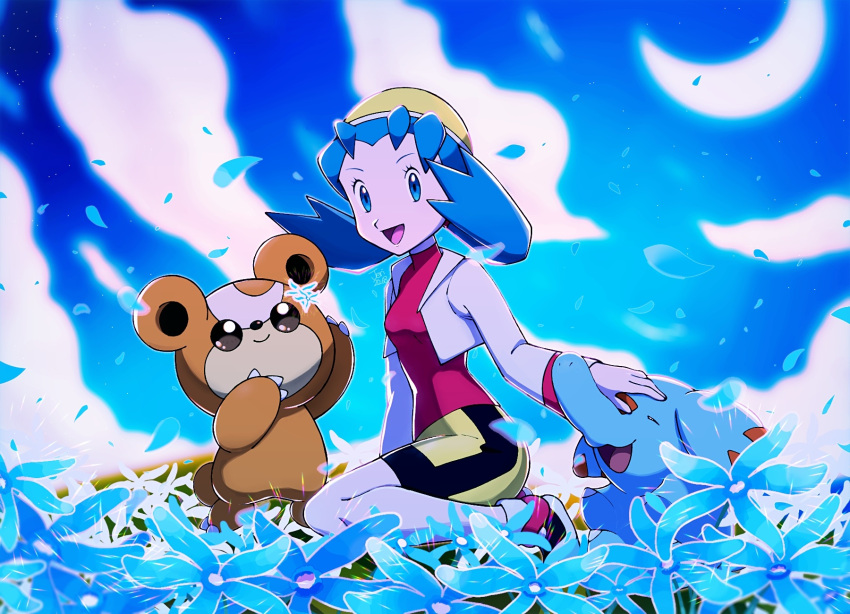 1girl, :d, bangs, bike_shorts, blue_eyes, blue_flower, blue_hair, breasts