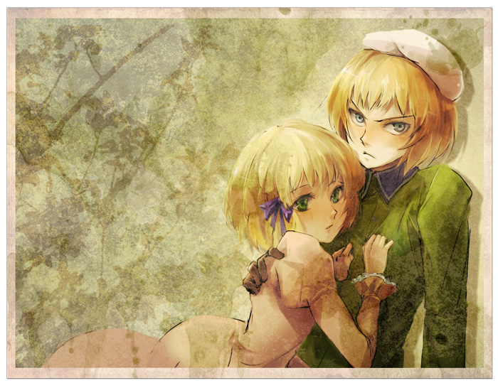 bad_id, blonde_hair, blue_eyes, come, green_eyes, hair_ribbon, hand_on_chest, hands_on_another's_chest, hat, hug, liechtenstein_(hetalia), ribbon, siblings, switzerland_(hetalia)