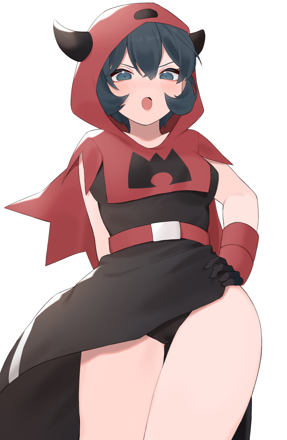 1girl, :o, bangs, belt, belt_buckle, black_hair, blush, breasts, buckle, commentary_request, courtney_(pokemon), fake_horns, from_below, gloves, grey_eyes, hair_between_eyes, hand_on_hip, highres, hood, hood_up, horns, looking_at_viewer, nagoooon_114, open_mouth, pokemon, pokemon_(game), pokemon_rse, red_belt, short_hair, simple_background, solo, team_magma, team_magma_uniform, tongue, white_background