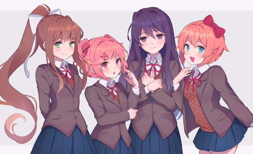 4girls, bangs, blazer, blue_eyes, blush, bow, breasts, brown_hair