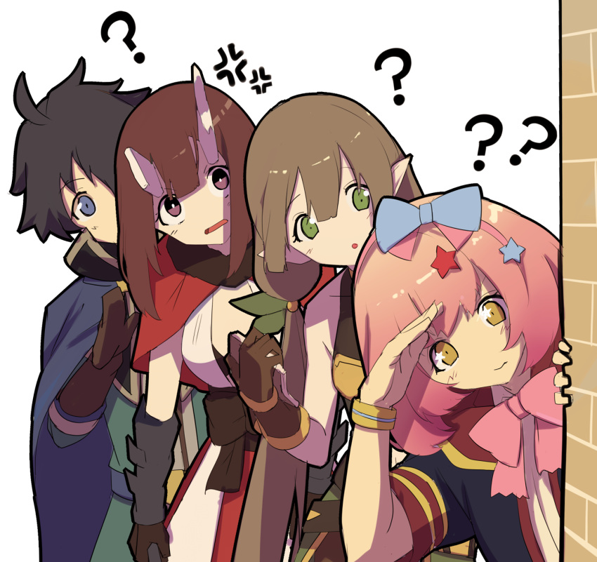 1boy, 3girls, ayumi_(princess_connect!), black_eyes, black_hair, brown_hair, chieru_(princess_connect!), eriko_(princess_connect!), green_eyes, highres, long_hair, looking_at_viewer, momiji_oroshi, multiple_girls, pink_hair, princess_connect!, short_hair, yellow_eyes
