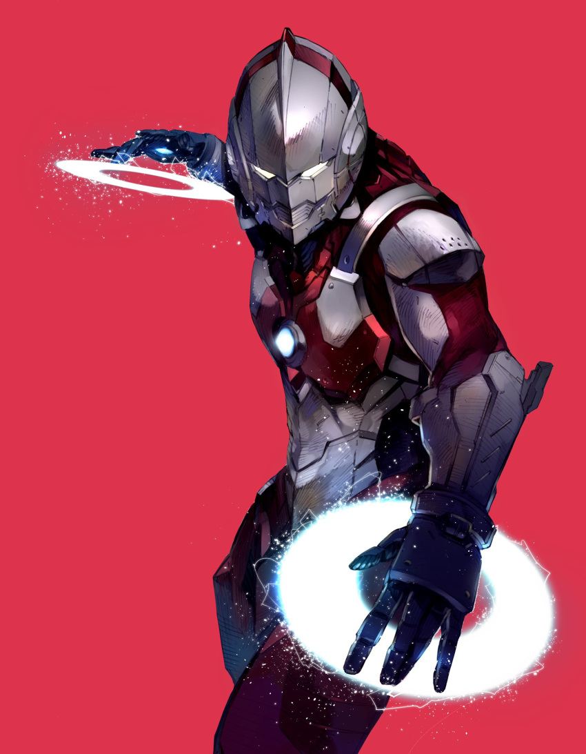 1boy, energy_weapon, glowing, glowing_hand, hayata_shinjirou, highres, leaning_forward, open_hands, power_armor, red_background, science_fiction, shimoguchi_tomohiro, solo, ultra_series, ultraman, ultraman_(hero's_comics), white_eyes
