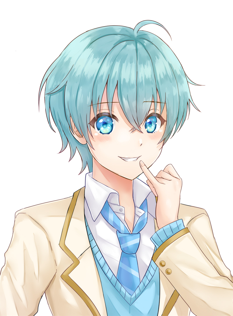 1boy, ahoge, blazer, blue_eyes, blue_hair, blue_neckwear, blue_sweater, brown_jacket