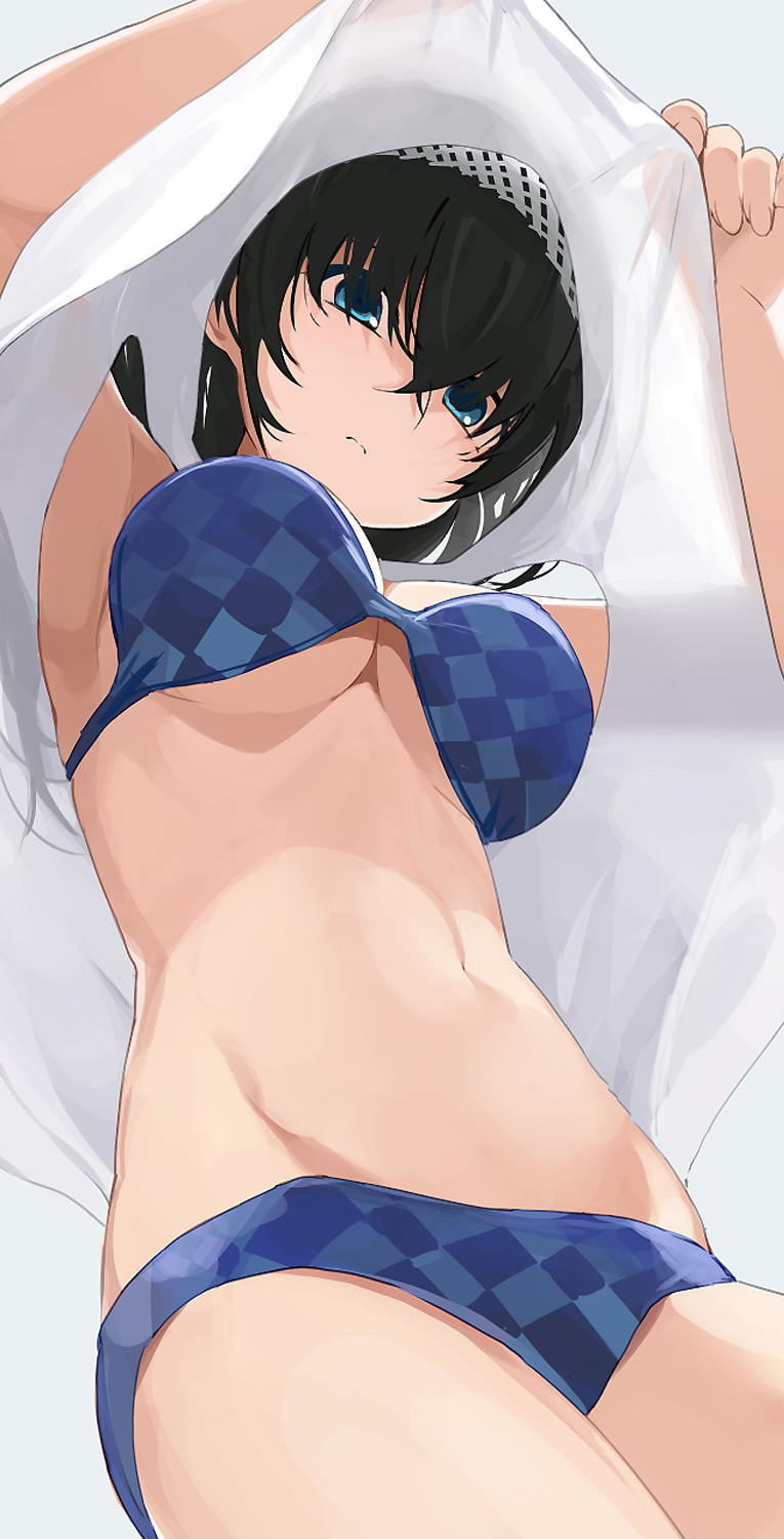 1girl, armpits, bangs, black_hair, blue_bra, blue_eyes, blue_panties, bow
