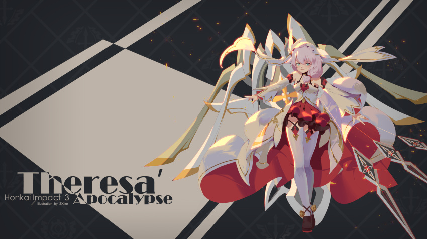 1girl, absurdres, bangs, bare_shoulders, blue_eyes, closed_mouth, cross_(weapon), hair_between_eyes