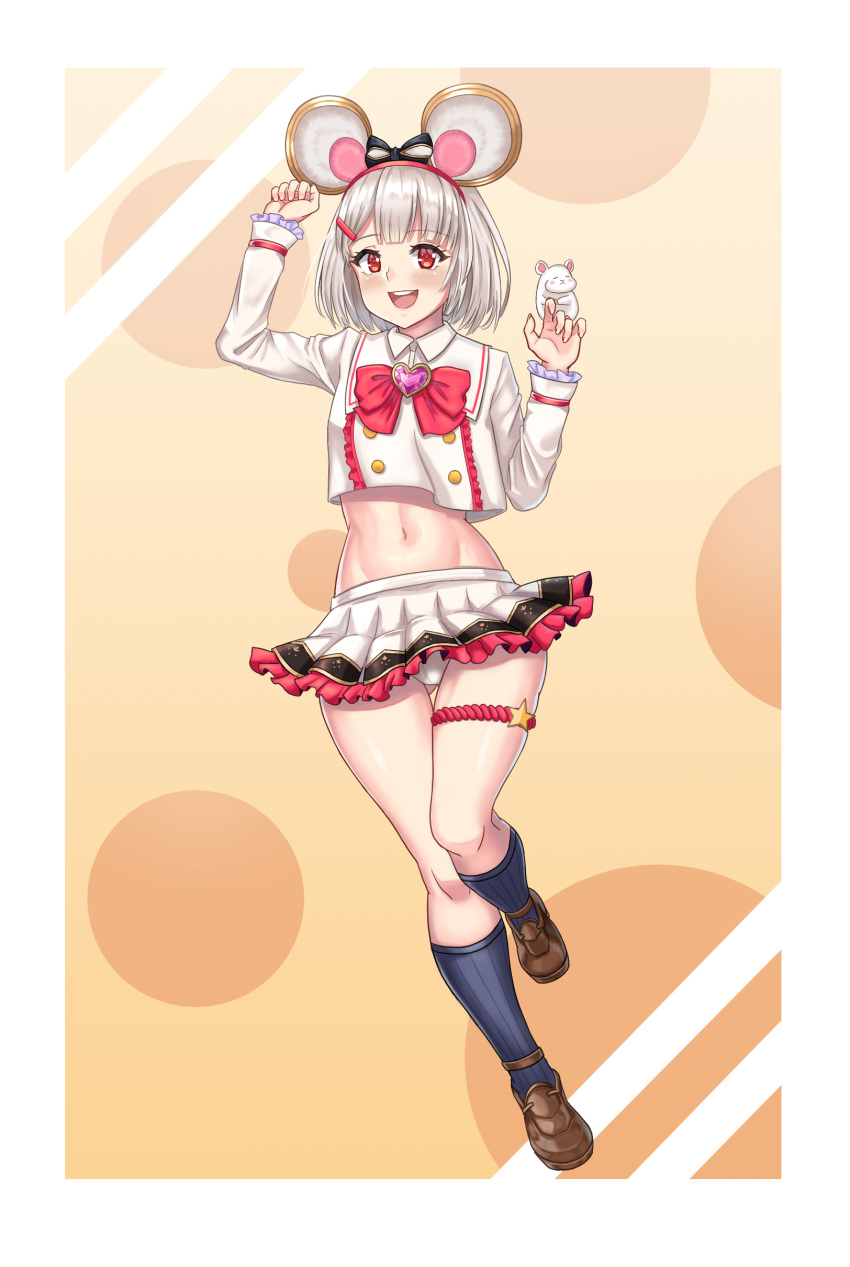 1girl, :d, absurdres, animal_ears, animal_on_hand, arm_up, bangs, black_legwear
