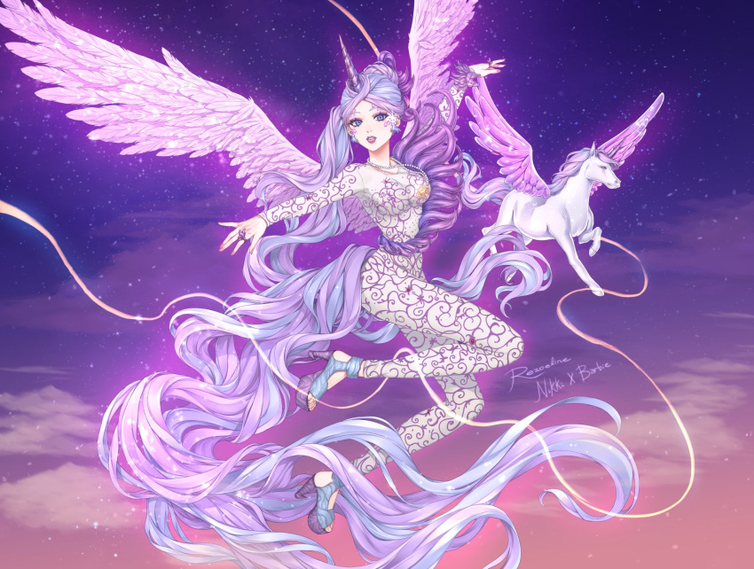 1girl, alicorn_girl, animal, barbie_(franchise), blue_eyes, bodysuit, breasts, doll, earrings, facial_tattoo, feathered_wings, flying, high_heels, highres, jewelry, jumpsuit, light_blue_hair, light_purple_hair, long_hair, love_nikki, makeup, markings, miracle_nikki, multicolored_hair, necklace, pearl_necklace, pegasus, pegasus_girl, pegasus_wings, pink_nails, pink_wings, ponytail, purple_lips, ring, sky, solo_focus, sparkle, streaked_hair, tail, tattoo, unicorn, unicorn_girl, wavy_hair, wings