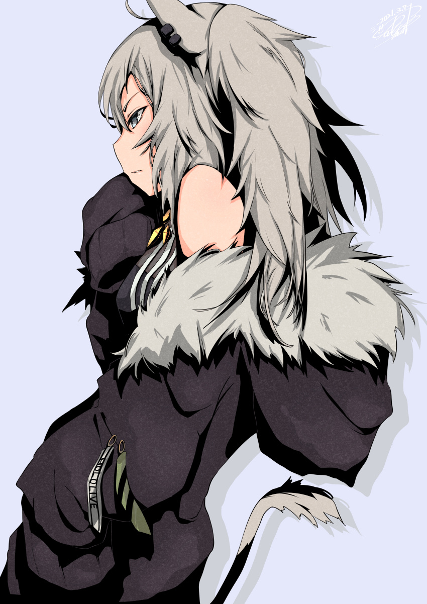 1girl, absurdres, ahoge, animal_ears, aoi_rt0, bare_shoulders, black_jacket, black_shirt