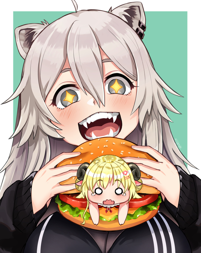 +_+, absurdres, ahoge, animal_ears, bangs, biting, black_jacket, breasts