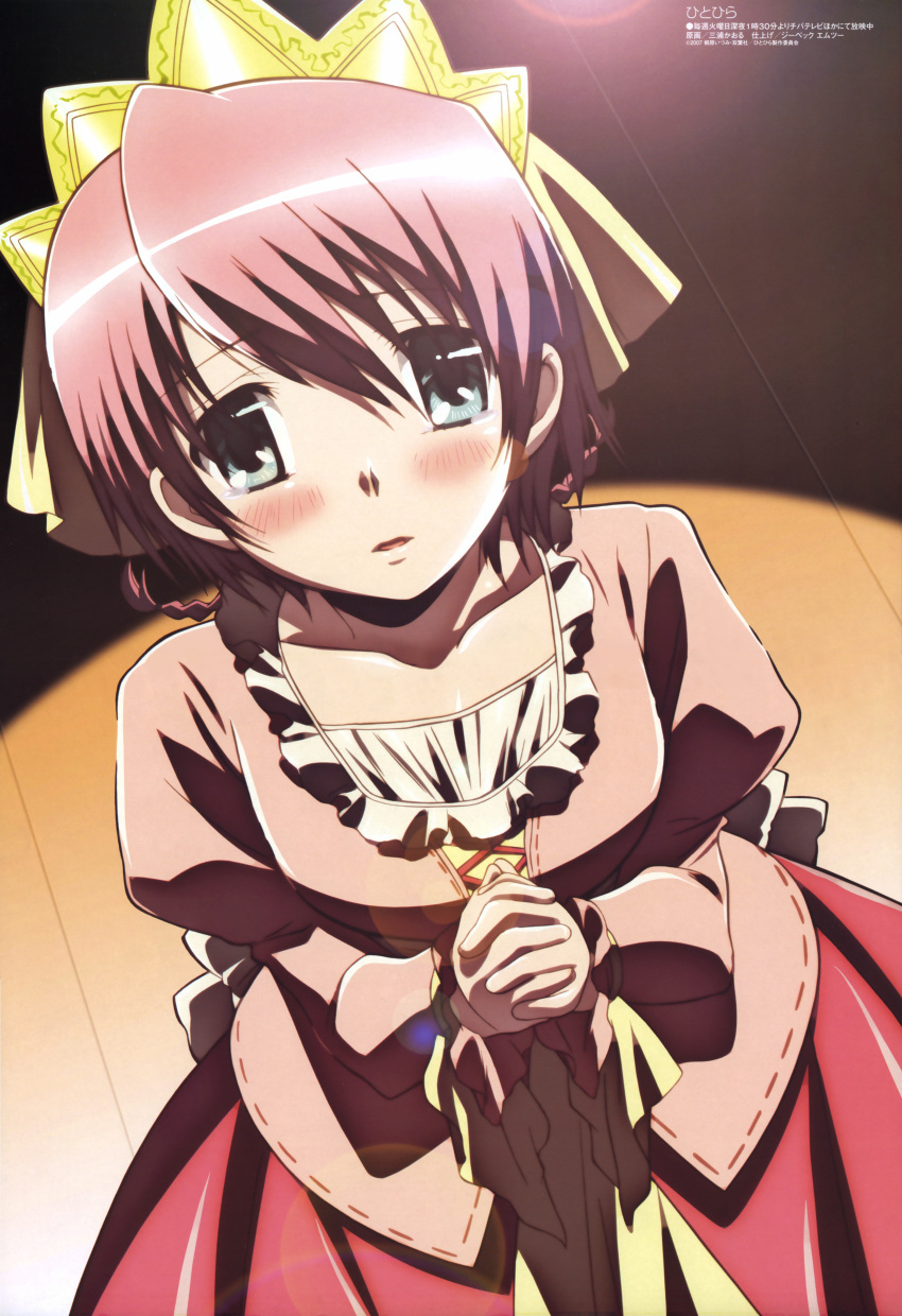 1girl, absurdres, asai_mugi, blush, dutch_angle, from_above, hands_clasped, highres