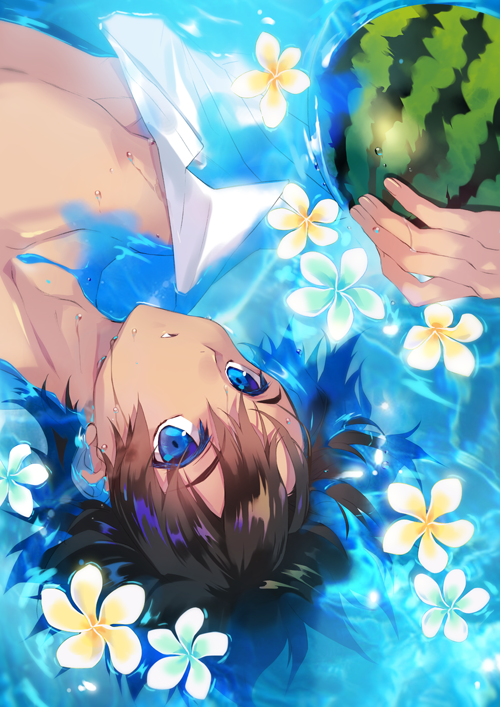 1boy, blue_eyes, collarbone, dark_skin, eyebrows_visible_through_hair, flower, food, fruit, holding, holding_food, holding_fruit, looking_at_viewer, male_focus, mimizuku_auru, original, parted_lips, partially_submerged, short_hair, solo, water, water_drop, watermelon