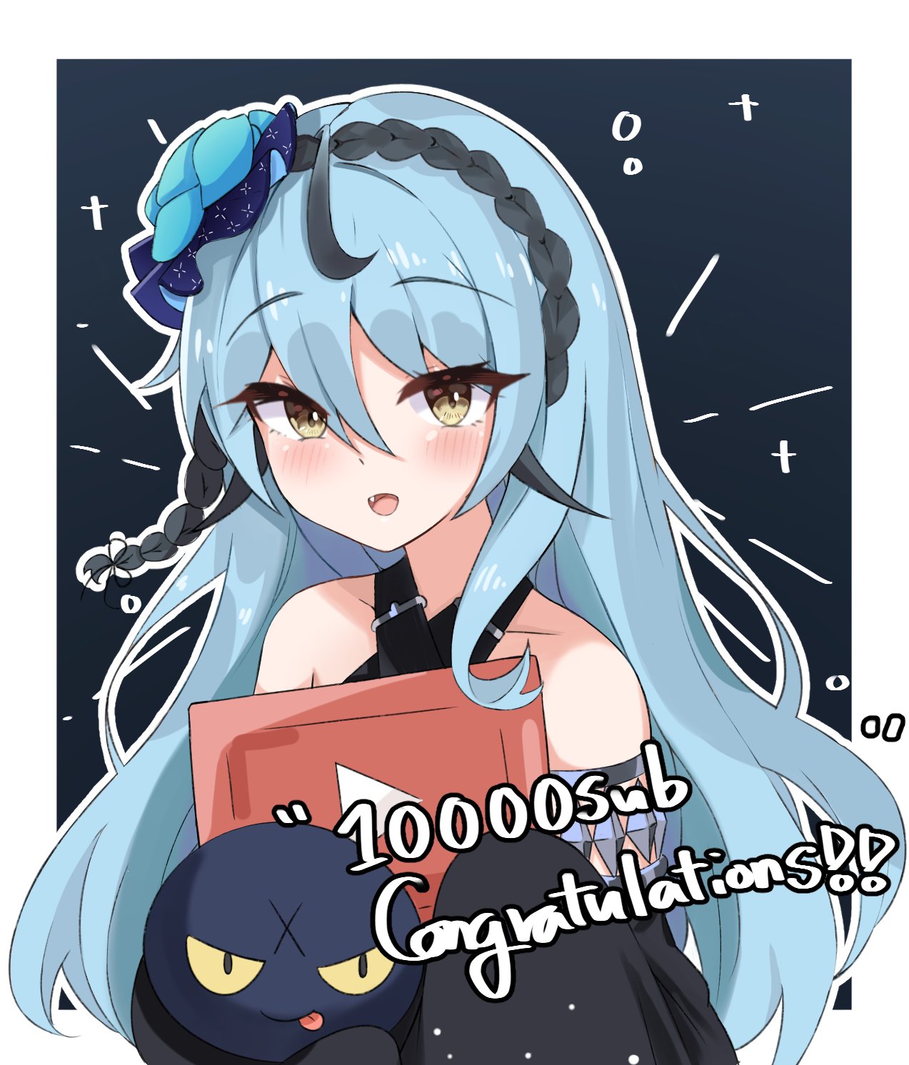 1girl, bangs, black_dress, black_hairband, blue_flower, blue_hair, blush, collarbone