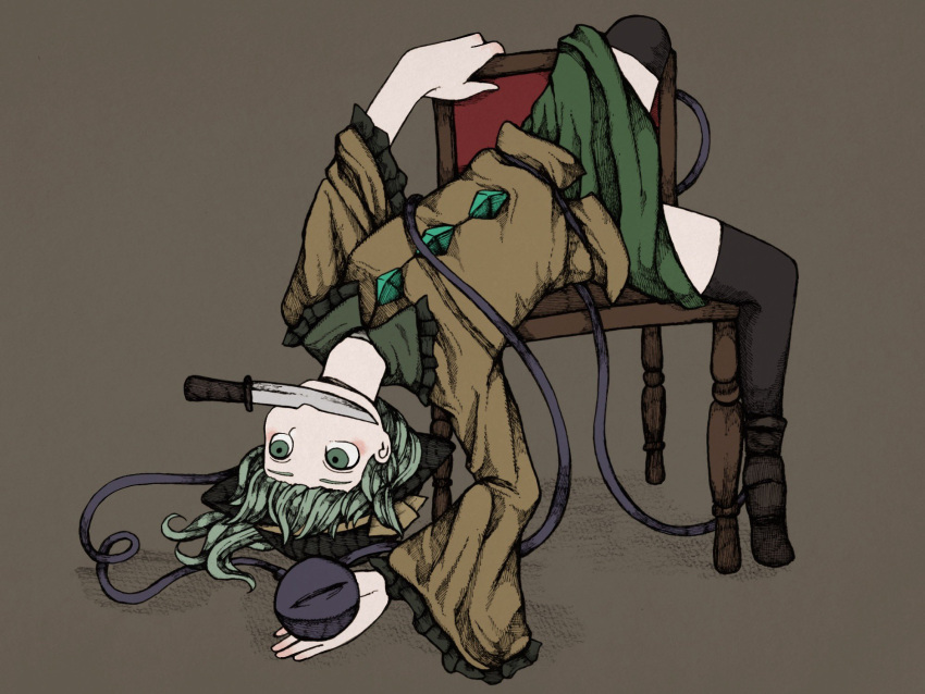 1girl, awk_chan, black_legwear, blouse, bow, chair, collared_shirt, eyeball