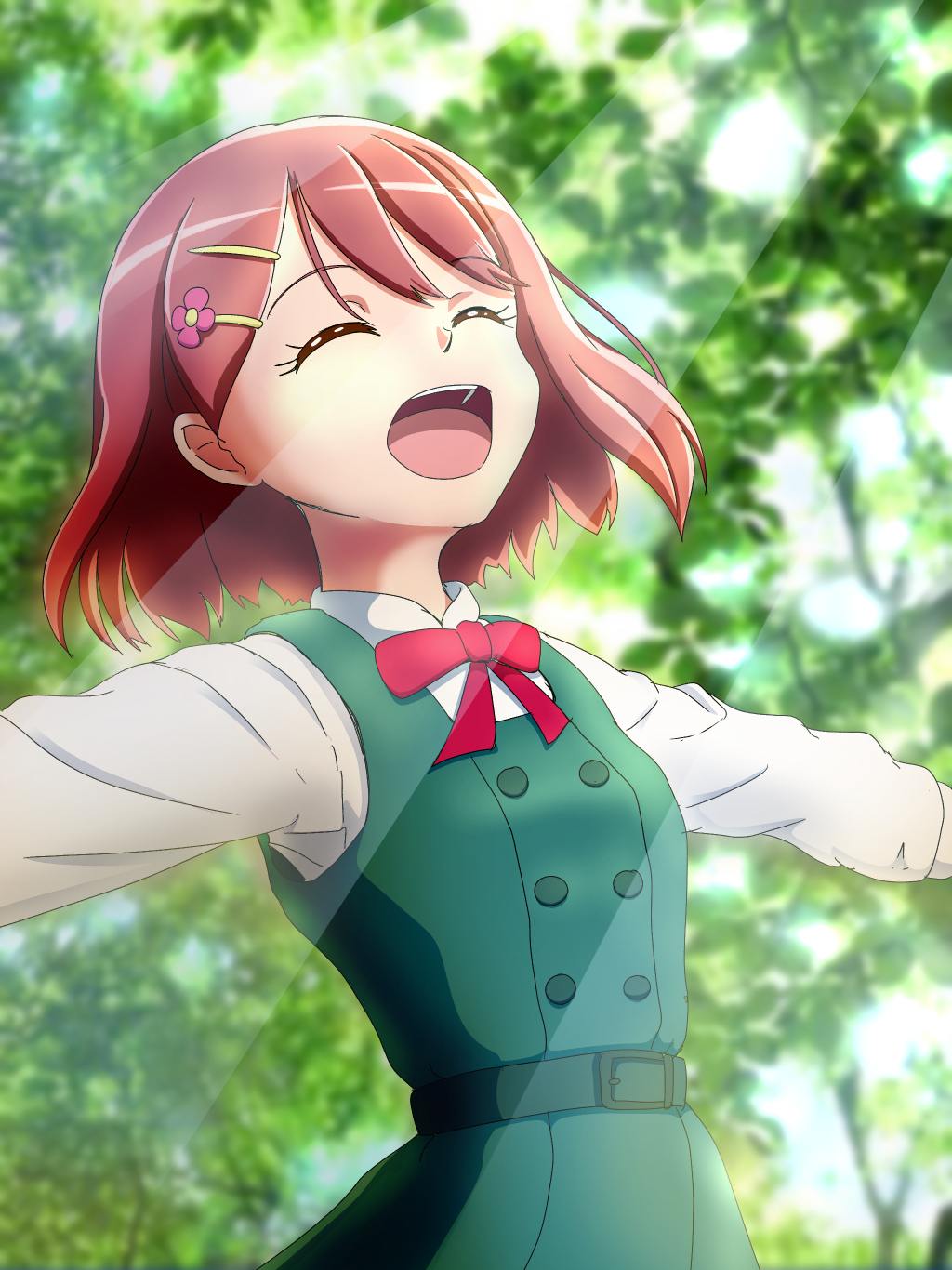 :d, ^_^, closed_eyes, collared_shirt, dress, eyebrows_visible_through_hair, green_dress, hair_ornament