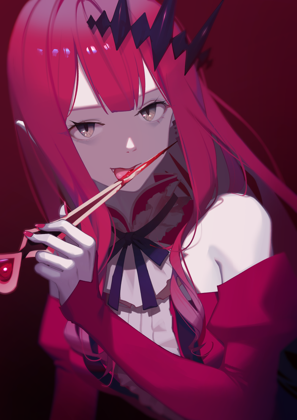 1girl, bangs, bare_shoulders, black_background, blood, breasts, circlet, detached_collar