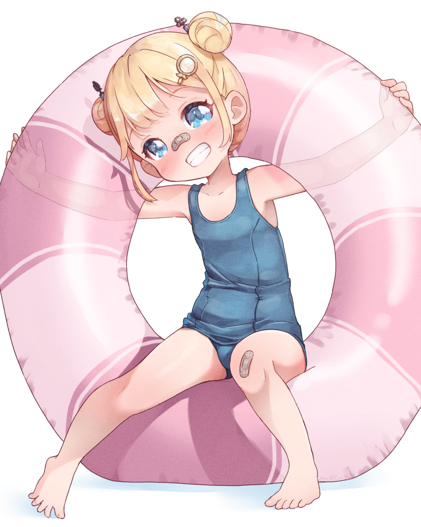 1girl, alternate_hairstyle, bandaid, bandaid_on_knee, bandaid_on_nose, bare_arms, bare_legs, barefoot