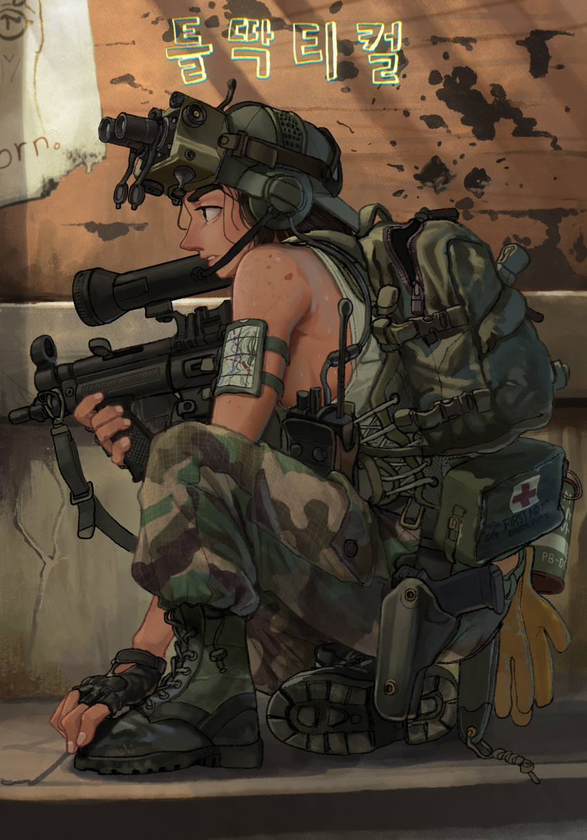 1girl, backpack, backwards_hat, bag, baseball_cap, birthmark, black_gloves, black_hair
