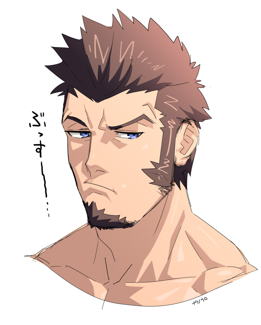 1boy, blue_eyes, brown_hair, cropped_shoulders, facial_hair, fate/grand_order, fate_(series), frown, goatee, highres, long_sideburns, male_focus, mature_male, monmonhomon, napoleon_bonaparte_(fate), pout, short_hair, sideburns, solo, translation_request