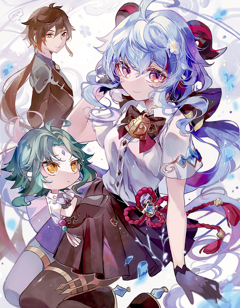 1girl, 2boys, bell, blue_hair, brown_hair, chibi, coco7, cowbell
