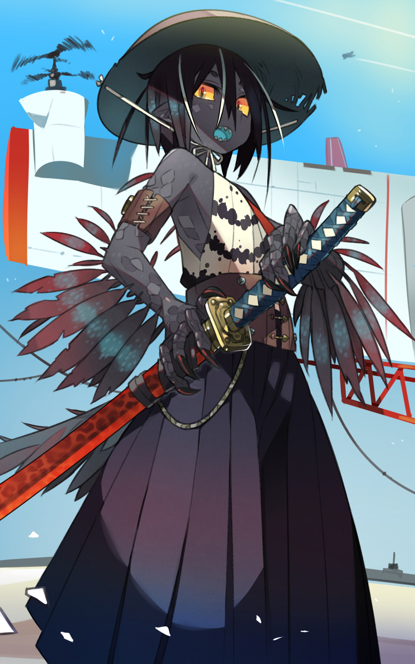 1boy, aircraft, airplane, aqua_feathers, armband, armpits, black_claws, black_hair, black_hakama, blue_sky, blue_tongue, claws, clothing_request, colored_sclera, colored_skin, colored_tongue, commentary_request, condensation_trail, day, feathers, feet_out_of_frame, from_below, grey_feathers, grey_skin, hakama, hat, highres, holding, holding_sheath, holding_sword, holding_weapon, japanese_clothes, katana, kometsubu, looking_at_viewer, multicolored_feathers, open_mouth, original, outdoors, pointy_ears, propeller, ready_to_draw, red_feathers, ribbon, rice_hat, scales, sharp_teeth, sheath, short_hair, silhouette, sky, slit_pupils, solo, standing, sword, tail, teeth, weapon, white_ribbon, yellow_eyes, yellow_sclera