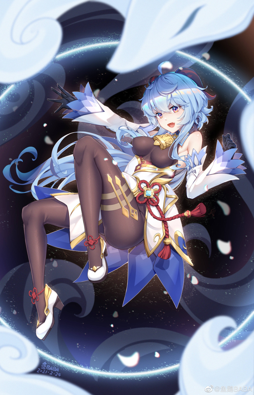 1girl, :d, absurdres, ahoge, artist_name, bell, black_bodysuit, black_gloves