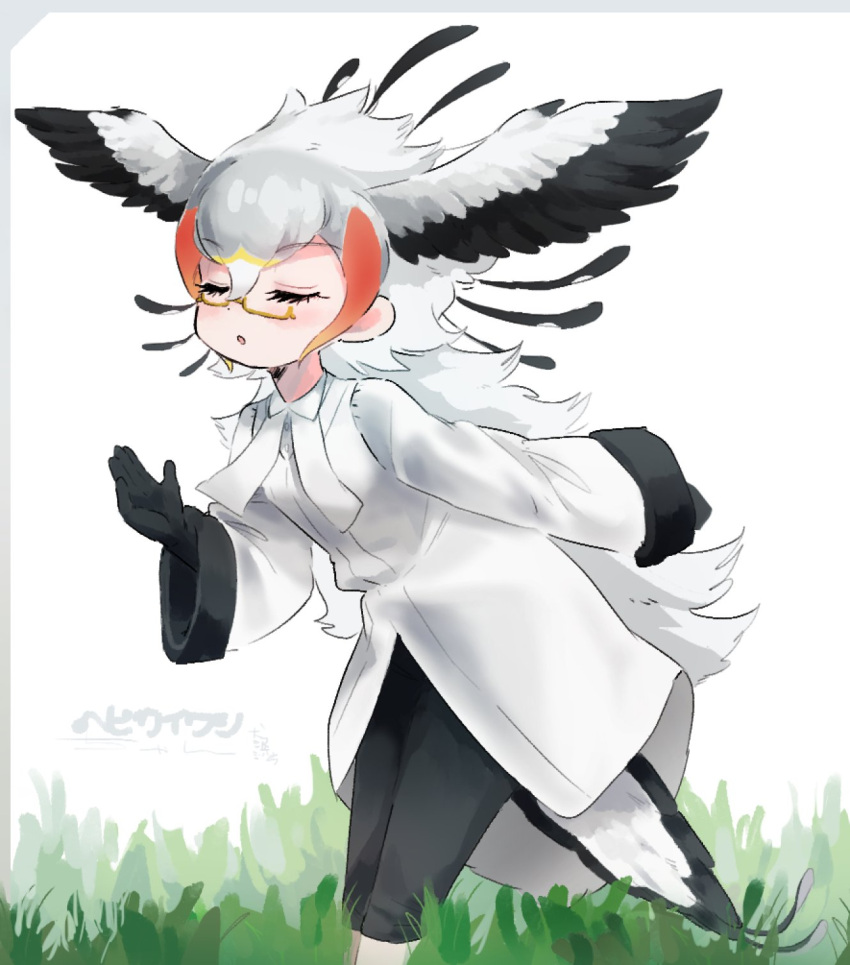 1girl, bird_girl, bird_tail, bird_wings, black_gloves, black_hair, black_pants, blonde_hair