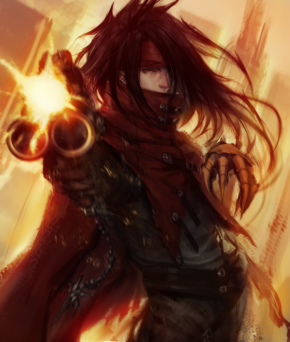 1boy, arieaesu, belt, black_hair, clawed_gauntlets, cloak, final_fantasy, final_fantasy_vii, firing, headband, hidden_mouth, keychain, leather, long_hair, red_eyes, revolver, vincent_valentine