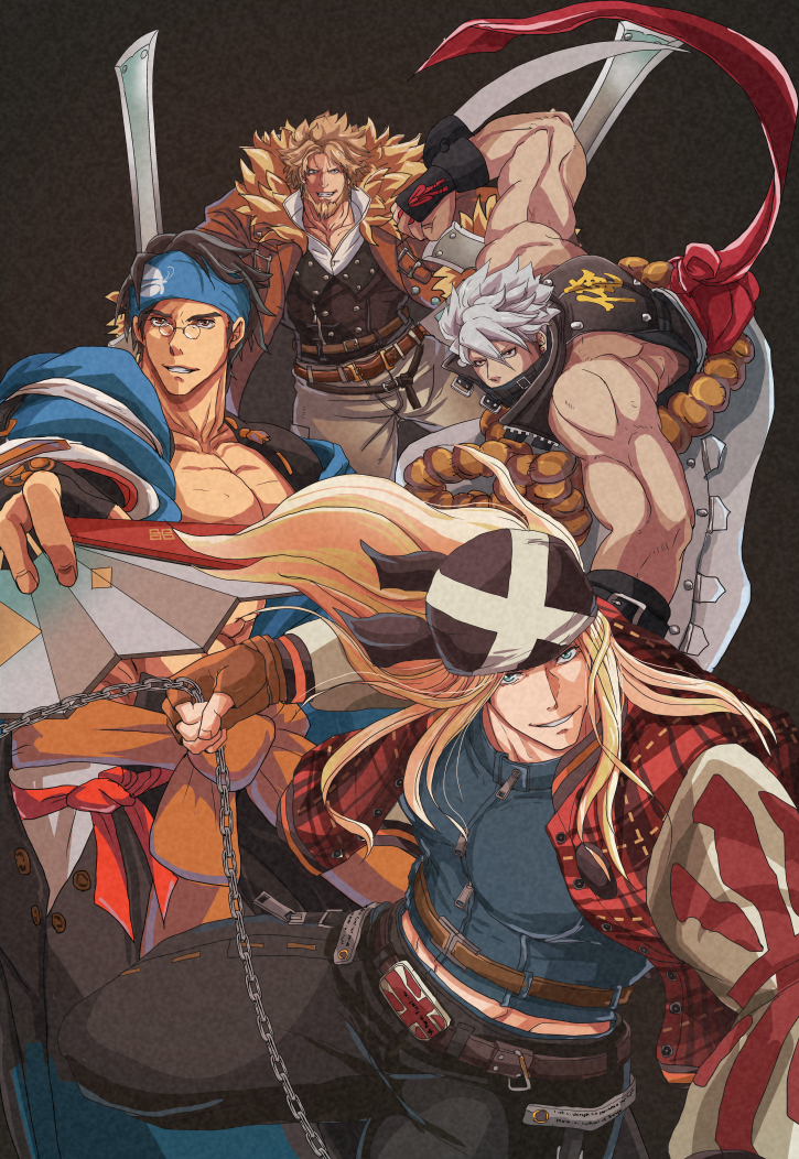 4boys, axl_low, bandana, belt, black_hair, blonde_hair, blue_eyes, brown_eyes, chain, chipp_zanuff, fan, glasses, guilty_gear, guilty_gear_strive, leo_whitefang, long_hair, male_focus, mito_anji, multiple_boys, muscular, muscular_male, red_eyes, short_hair, silver_hair, spiky_hair, straight_hair, tentenkingyo