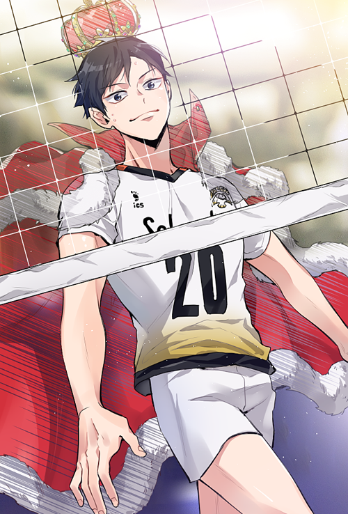 1boy, black_hair, blue_eyes, blurry, cape, closed_mouth, cowboy_shot, crown