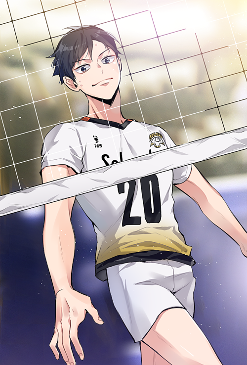 1boy, black_hair, blue_eyes, blurry, closed_mouth, cowboy_shot, from_below, haikyuu!!