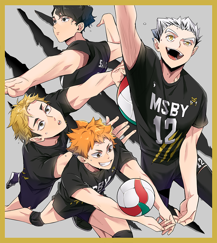 4boys, arm_up, arms_up, ball, black_hair, black_legwear, blonde_hair, bokuto_koutarou