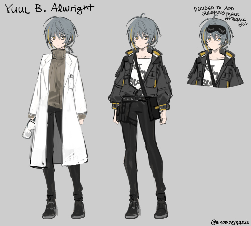 ahoge, artist_name, bag, bangs, belt, black_belt, black_footwear, black_pants