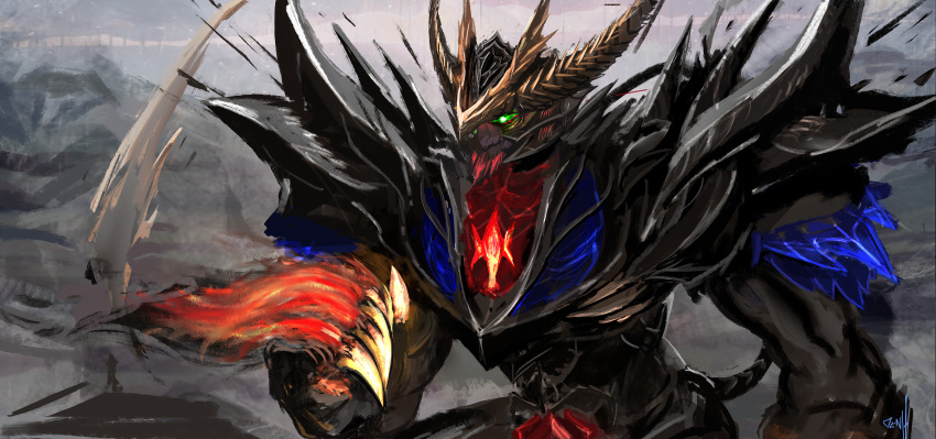 absurdres, artist_name, claws, denh, glowing, glowing_eye, green_eyes, gundam, gundam_barbatos, gundam_barbatos_lupus_rex, gundam_tekketsu_no_orphans, highres, looking_ahead, mecha, no_humans, redesign, science_fiction, solo, v-fin