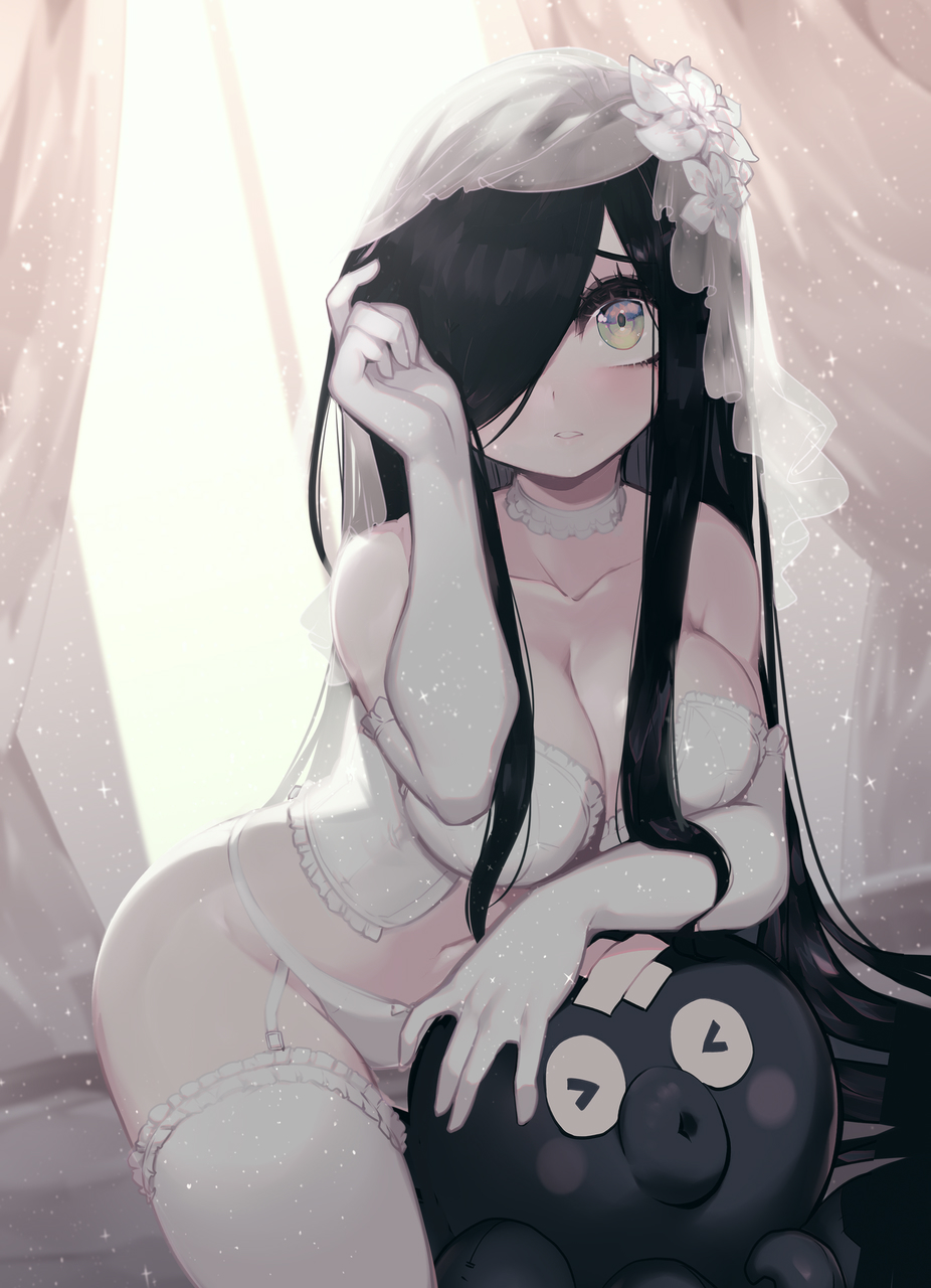 aria_wintermint, black_hair, breasts, bridal_gauntlets, bridal_veil, choker, corset, frilled_choker