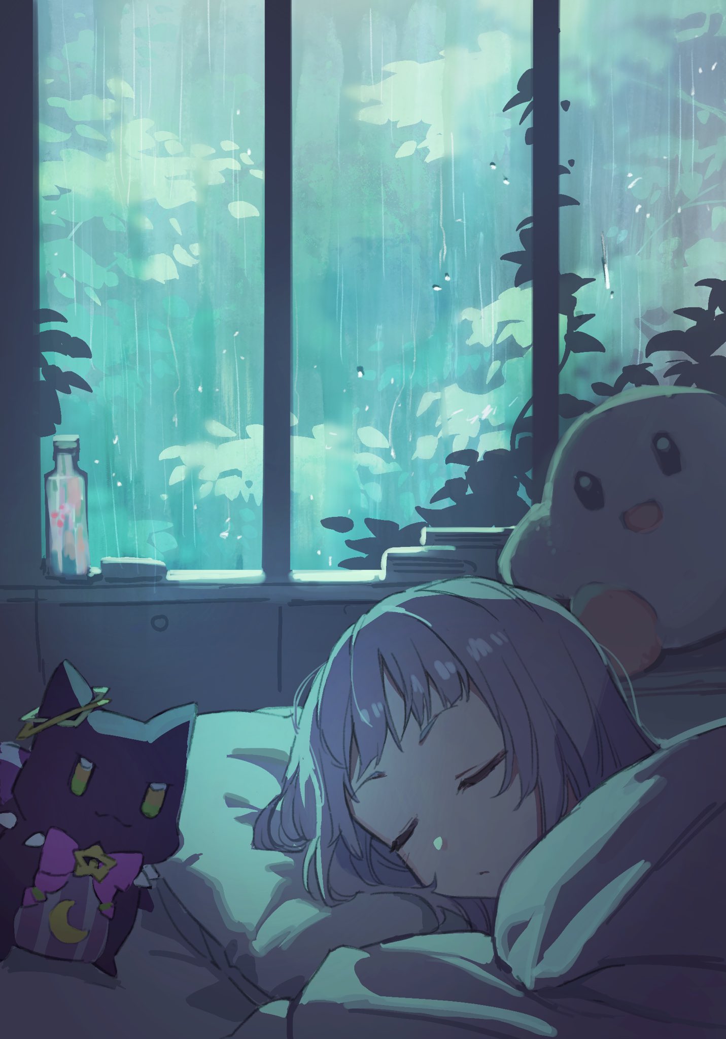 1girl, bottle, closed_eyes, closed_mouth, commentary, english_commentary, highres, hololive