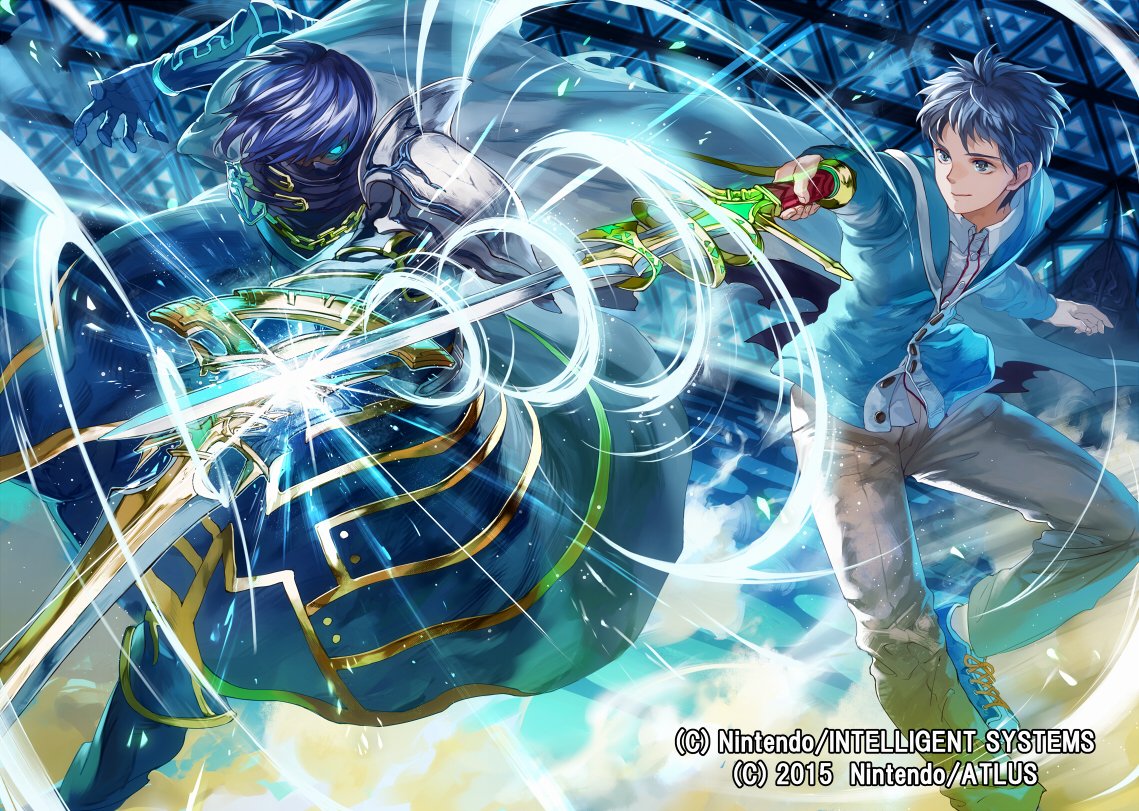 2boys, age_regression, aoi_itsuki, armor, blue_eyes, blue_hair, cape, chrom_(fire_emblem)