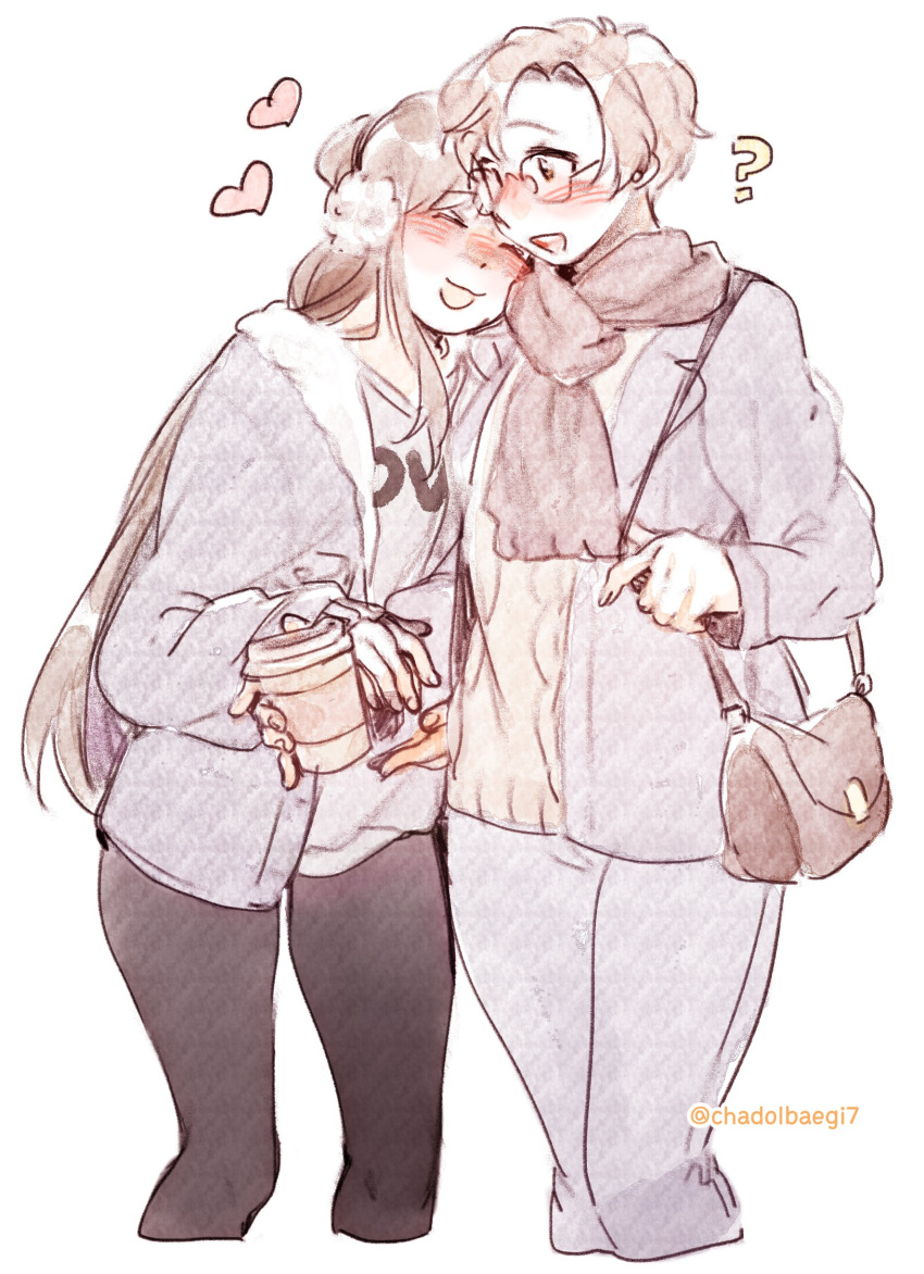 2girls, ?, absurdres, bag, blush, chadolbaegi, coffee_cup, cup
